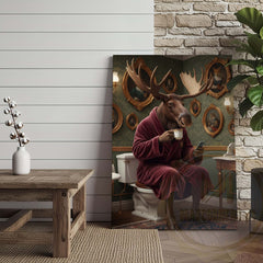 Maxcorners Moose Drinking Coffee on Toilet Wrapped Canvas