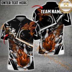 Maxcorners Bowling Ball & Pins Fire Bowling Ball Pattern Personalized Name, Team Name 3D Polo Shirt (4 Colors)