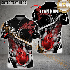 Maxcorners Bowling Ball & Pins Fire Bowling Ball Pattern Personalized Name, Team Name 3D Polo Shirt (4 Colors)