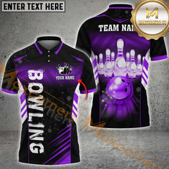 Maxcorners Electronic Light Bowling Ball & Pins Personalized Name, Team Name 3D Polo Shirt (4 Colors)