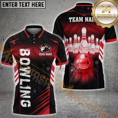 Maxcorners Electronic Light Bowling Ball & Pins Personalized Name, Team Name 3D Polo Shirt (4 Colors)