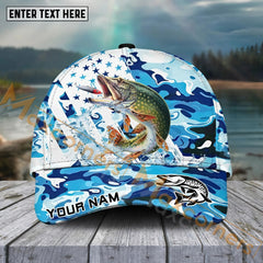 Maxcorners Pike Fishing Blue White Seawwave American Flag Pattern Sport Pattern Personalized Name 3D Cap MT173