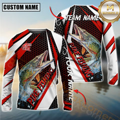 Maxcorners Pike Fishing White Red Edge Personalized Name, Team Name Long Sleeve Shirt