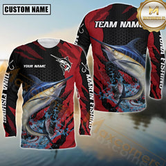 Maxcorners Marlin Fishing Red Splash Strike Personalized Name, Team Name Long Sleeve Shirt