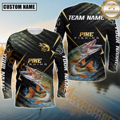Maxcorners Pike Fishing Golden With Skinfish Pattern Sport Jersey Personalized Name, Team Name Long Sleeve Shirt
