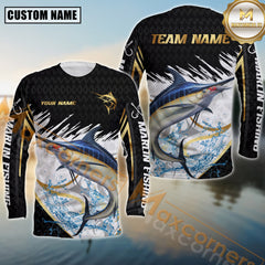 Maxcorners Marlin Fishing Golden With White And Black Pattern Sport Jersey Personalized Name, Team Name Long Sleeve Shirt