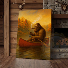 Maxcorners Bigfoot Fishing with Cigar Autumn Lake Rustic Cabin Art Wrapped Canvas