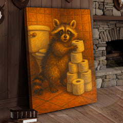 Maxcorners Raccoon Stealing Toilet Paper Funny Bathroom Humor Art Wrapped Canvas