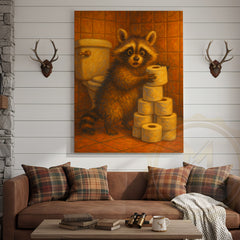 Maxcorners Raccoon Stealing Toilet Paper Funny Bathroom Humor Art Wrapped Canvas