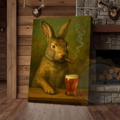 Maxcorners Rabbit Smoking Cigar with Beer Rustic Bar Art Wrapped Canvas