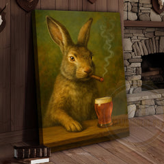 Maxcorners Rabbit Smoking Cigar with Beer Rustic Bar Art Wrapped Canvas