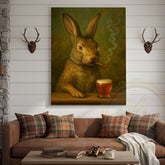 Maxcorners Rabbit Smoking Cigar with Beer Rustic Bar Art Wrapped Canvas
