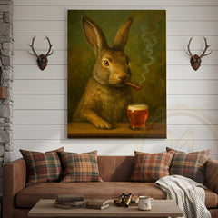 Maxcorners Rabbit Smoking Cigar with Beer Rustic Bar Art Wrapped Canvas