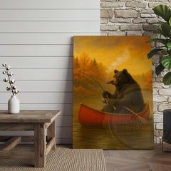 Maxcorners Bear Fishing with Cigar Autumn Lake Rustic Cabin Art Wrapped Canvas