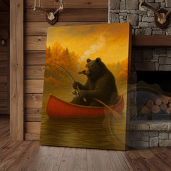 Maxcorners Bear Fishing with Cigar Autumn Lake Rustic Cabin Art Wrapped Canvas