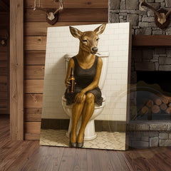 Maxcorners Funny Deer Woman Holding Beer Bathroom Humor Art Wrapped Canvas