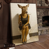 Maxcorners Funny Deer Woman Holding Beer Bathroom Humor Art Wrapped Canvas