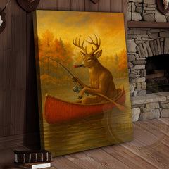 Maxcorners Deer Fishing with Cigar Autumn Lake Rustic Cabin Art Wrapped Canvas