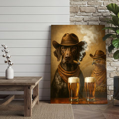 Maxcorners Cowboy Dog and Pheasant Drinking Beer Western Bar Art Wrapped Canvas