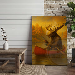 Maxcorners Moose Fishing with Cigar Autumn Lake Cabin Art Wrapped Canvas