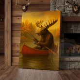 Maxcorners Moose Fishing with Cigar Autumn Lake Cabin Art Wrapped Canvas
