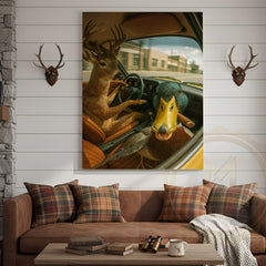 Maxcorners Deer Driving Car with Duck Funny Country Road Humor Art Wrapped Canvas