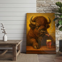 Maxcorners Buffalo Smoking Cigar with Beer Rustic Tavern Art Wrapped Canvas