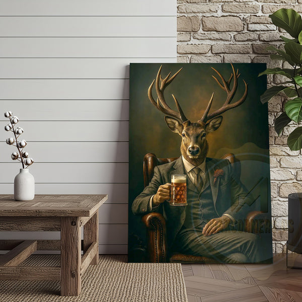 Maxcorners Deer Gentleman In Suit With Beer Rustic Bar Art Wrapped Canvas