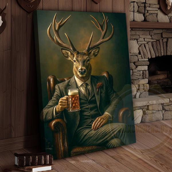Maxcorners Deer Gentleman In Suit With Beer Rustic Bar Art Wrapped Canvas