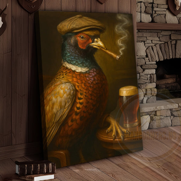 Maxcorners Pheasant With Cap Smoking Cigar Rustic Pub Decor Wrapped Canvas