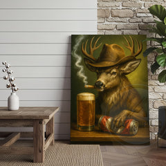 Maxcorners Deer Cowboy With Beer And Cigar Rustic Bar Wall Art Wrapped Canvas