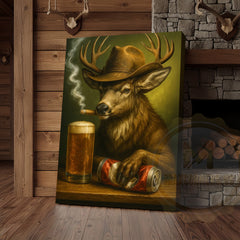 Maxcorners Deer Cowboy With Beer And Cigar Rustic Bar Wall Art Wrapped Canvas