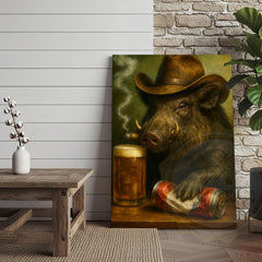 Maxcorners Wild Boar Cowboy With Beer Rustic Bar Wall Art Wrapped Canvas