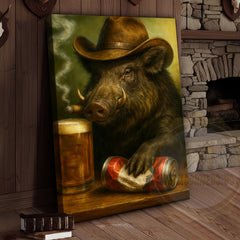 Maxcorners Wild Boar Cowboy With Beer Rustic Bar Wall Art Wrapped Canvas