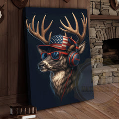 Maxcorners Patriotic Deer With American Flag Headphones Modern Rustic Art Wrapped Canvas