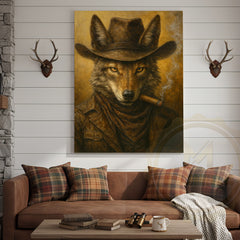 Maxcorners Wolf Cowboy Smoking Cigar Rustic Western Lodge Art Wrapped Canvas