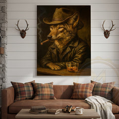Maxcorners Wolf Cowboy With Whiskey Rustic Lodge Wall Art Wrapped Canvas
