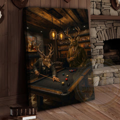 Maxcorners Deer Playing Pool Rustic Lodge Bar Wall Art Wrapped Canvas