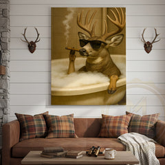 Maxcorners Funny Deer In Bathtub Smoking Cigar Rustic Bathroom Wall Art Wrapped Canvas