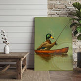 Maxcorners Funny Duck Fishing In Boat Smoking Rustic Lake Lodge Wall Art Wrapped Canvas