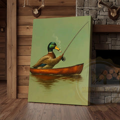 Maxcorners Funny Duck Fishing In Boat Smoking Rustic Lake Lodge Wall Art Wrapped Canvas