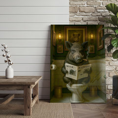 Maxcorners Funny Boar Reading Newspaper Rustic Bathroom Wall Art Wrapped Canvas