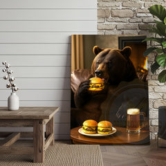 Maxcorners Funny Bear Eating Burger With Beer Rustic Lodge Wall Art Wrapped Canvas