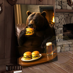 Maxcorners Funny Bear Eating Burger With Beer Rustic Lodge Wall Art Wrapped Canvas