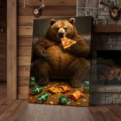 Maxcorners Funny Bear Eating Pizza Drinking Beer Rustic Lodge Wall Art Wrapped Canvas