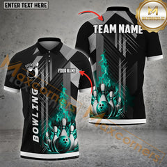 Maxcorners Grey Line Fire Bowling Ball & Pins Personalized Name, Team Name 3D Polo Shirt (4 Colors)