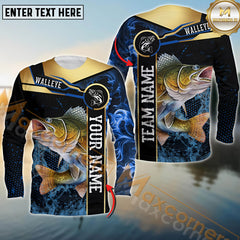 Maxcorners Walleye Fishing Golden With Blue Flame Pattern Sport Jersey Personalized Name, Team Name Long Sleeve Shirt