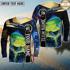 Maxcorners Mahi-Mahi Fishing Golden With Blue Flame Pattern Sport Jersey Personalized Name, Team Name Long Sleeve Shirt