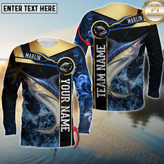 Maxcorners Marlin Fishing Golden With Blue Flame Pattern Sport Jersey Personalized Name, Team Name Long Sleeve Shirt