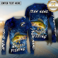 Maxcorners Walleye Fishing Blue Strike Honeycomb Pattern Pattern Sport Jersey Personalized Name, Team Name Long Sleeve Shirt